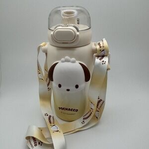 Water Bottle Thermos w/Strap New, 16oz White end yellow  pochacco